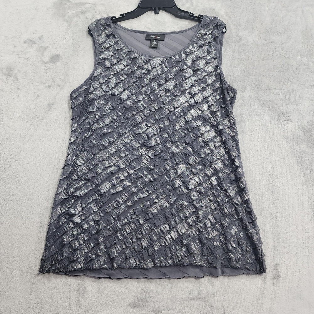 Style&co. Tank Womens XL Gray Metallic Ruffle Textured Scoop Neck Stretch Top